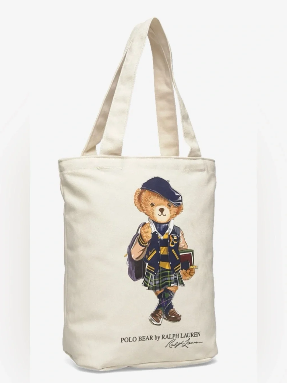 Polo Ralph Lauren Natural GIRL BACK TO SCHOOL BEAR 13.0” Canvas Zip Top Tote Bag